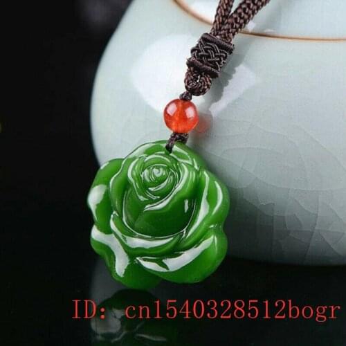 Green Jade Rose Pendant Necklace Jadeite Natural Flower Women for Carved Gifts Men Chinese Charm Amulet Jewelry Fashion