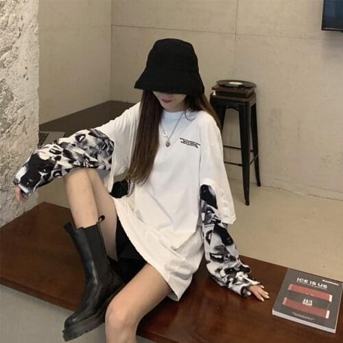 Harajuku Hip-Hop Camouflage Sleeves Fake Two-Piece Emo T-Shirt Women Korean Punk Unisex Grunge Clothes Kpop Oversize Gothic Top