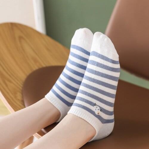 Womens Grils Stripes Embroidery Cotton Shallow Mouth white Cute Boat Socks High Quality Wholesale