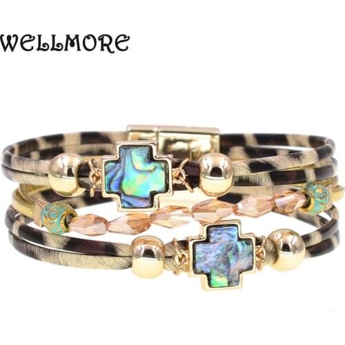 WELLMORE 4 colors Leopard leather bracelets for women fashion crystal wrap Bracelets & Bangles cross bracelet Female Jewelry