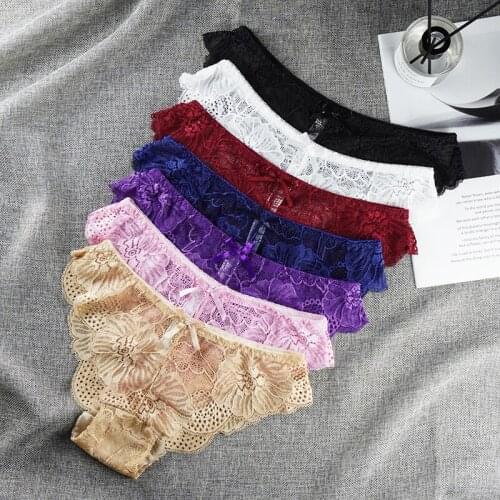 3 Pcs Lots New Sexy Women Lace Panties Underwear Lace Briefs Transparent Hollow Out Floral Bow Soft Lingerie Panties Women