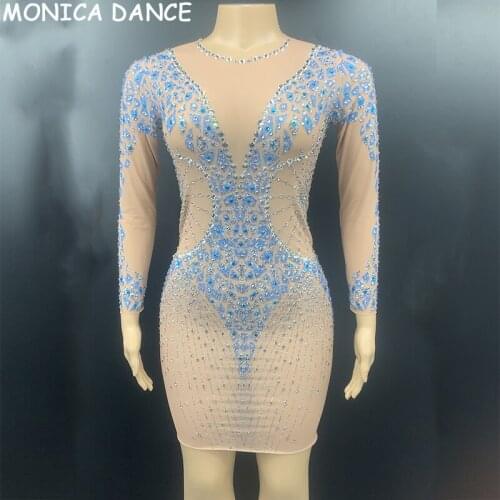Women Sexy Stage Silver Blue Rhinestone Transparent Short Dress Women Birthday Celebrate Outfit Prom Dress Bar Dance Dress