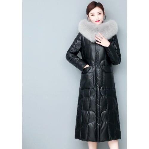 Real Fox Fur Collar X-Long Leather Down Coat Women Winter 90% White Duck Down Jacket Plus Size Slim Overcoat Hooded Woman Parka