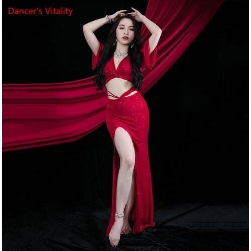 Belly Dance Dress Sequins Long Skirt Short Sleeve Practice Clothes Female Elegant V-neck Split Performance Training Clothing