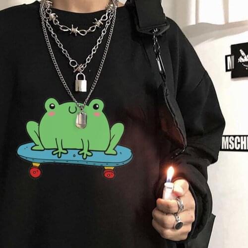 Winter Skateboard Frog Oversized Sweatshirt Women Hoodies Harajuku Warm Pullover Drawstring clothes album lime chemical cotton