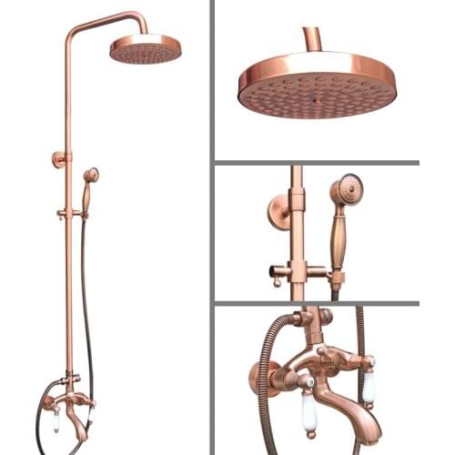 Antique Red Copper Brass Dual Ceramic Handles Bathroom 8 Inch Round Rain Shower Faucet Set Tub Mixer Tap Hand Shower mrg562
