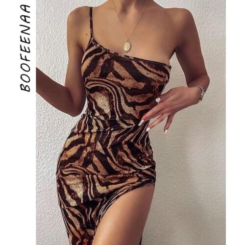 BOOFEENAA Tiger Print Sexy Long Maxi Dresses for Women Gowns Party Club One Shoulder High Slit Backless Bodycon Dress C83-BE16
