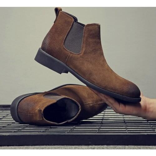 Fashion Winter Men Chelsea Boots Brown Slip-On Cow Leather Trend Man Leisure Ankle Boots Black High Top Casual Shoes