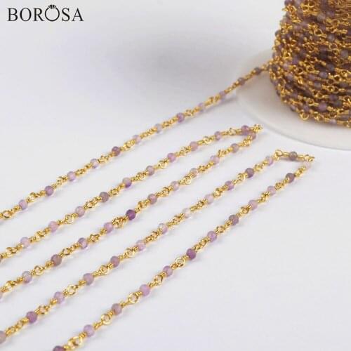 BOROSA 3Meters 2mm Natural Amethysts Beads Faceted Chains Crystal Quartz Bead Brass Chains Jewelry JT243