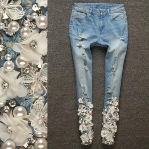 Women Jeans Pants Skinny Fashion Casual Female Ripped Jeans Denim Lace Pencil Pants Elastic With Luxury Beading Diamond Jeans