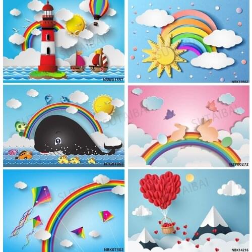 Birthday Baby Shower Photo Backdrops Clouds Rainbow Kite Balloon Sun Newborn Children Photography Backgrounds Photo Studio Props