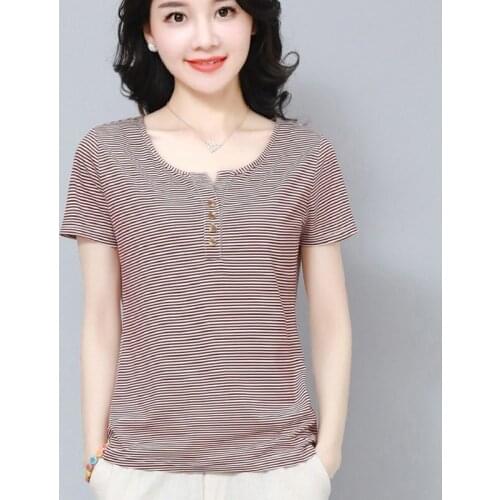 Cotton T-shirt Women V-neck Shirt Middle-aged Mothers Casual Wear Loose Summer Stripe Printed Short-sleeved Female Clothes X207