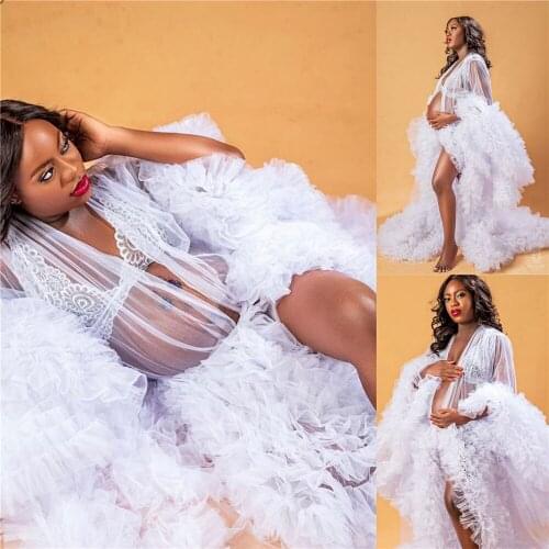 Sexy Bridal Bathrobe White Tiered Ruffles Long Lingerie Nightgown Pajamas Sleepwear Women Housecoat Nightwear Lounge Wear