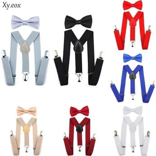 Boys Girls Kids Suspender & Bow Tie Matching Set Tuxedo Wedding Shirt Suit Party