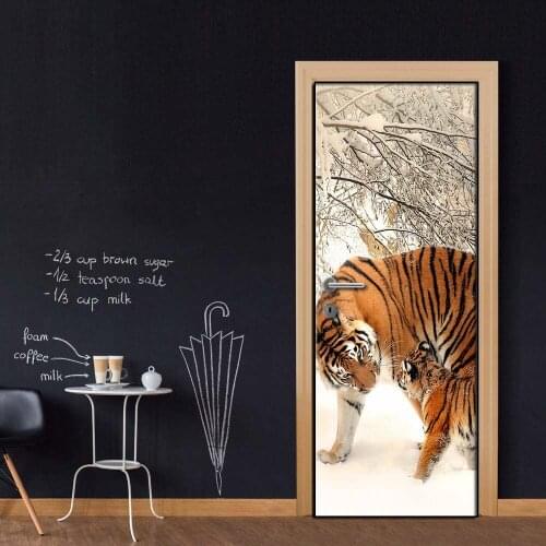 Creative Door Sticker Winter Tigers Door Cover Wall Stickers Kitchen Wallpaper Renew Mural Decal Home Decor