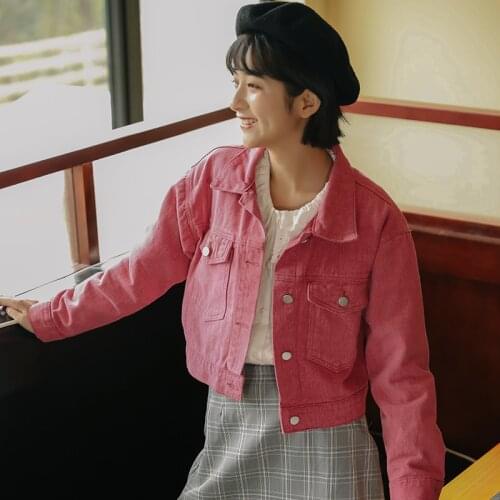 Korean Loose Short Rose Red Denim Jacket Women Spring Autumn 2021 Plus Size Lapel Long Sleeve Jeans Jacket Female Chaqueta Mujer