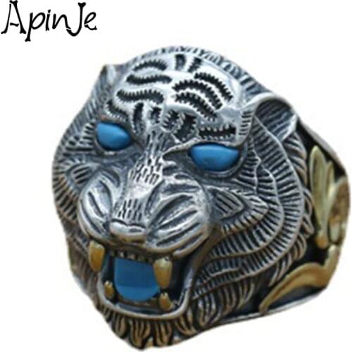 Apinje Vintage 925 Sterling Silver Animal Ring for Men Twelve Zodiac Retro Tiger Punk Biker Men Rings Fine Jewelry