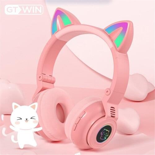 GTWIN Cat Ear Headphones Led Bright Bluetooth Wireless Headphones Stereo Helmet Games Earbud With Microphone Kids Girl Gifts