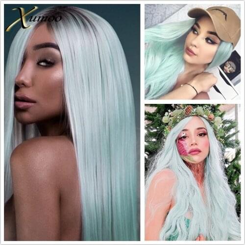XUMOO High Temperature Fiber Synthetic Lace Front Wig Glueless Long Straight Ombre Green Wig Cosplay Wigs For Black Women