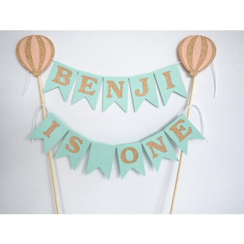 Personalised gold glitter hot air balloon cake bunting topper banner first birthday christening baptism Party baby shower decor