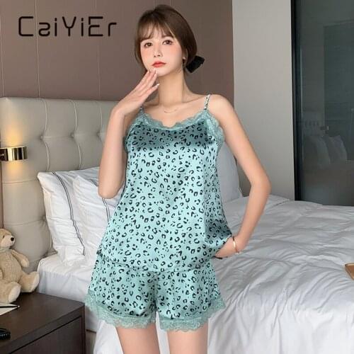 CAIYIER Sexy Lingerie Women Pajama Summer Satin Silk Lace Sleepwear V-Neck Backless Sexy Leopard Print Nightwear Shorts Homewear