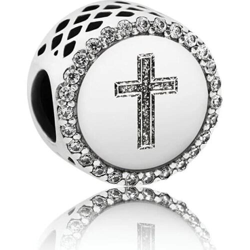 Genuine 925 Sterling Silver Clear CZ Faith Cross Charm Fits Original Pandora Bracelet Metal Beads for Jewelry Making Bijoux