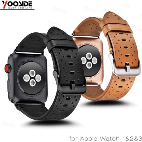 Genuine Leather Breathable Watch Band Strap for Apple Watch Series 1/2/3 38mm 42mm Replacement Watchbands Metal Clasp Bracelet