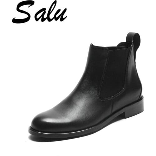 Salu Chelsea Boots Women Genuine Leather Round Toe Classic Ankle Booties Low Heel 2020 Autumn Winter Designer Ladies Shoes