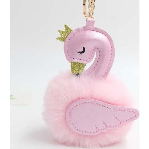 Cute Pink Flamingo Pompom Keychain Women Rabbit Fur Swan Car Key Ring Holder Bag Charm Pendant Best Friend Accessories Gift S106