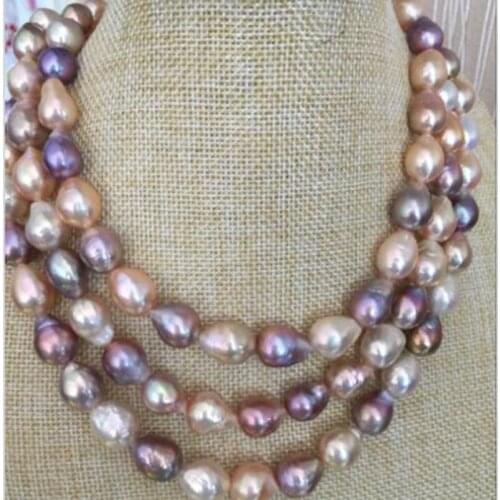Gorgeous 13-14mm freshwater baroque multicolor pearl necklace 38inch 925silver
