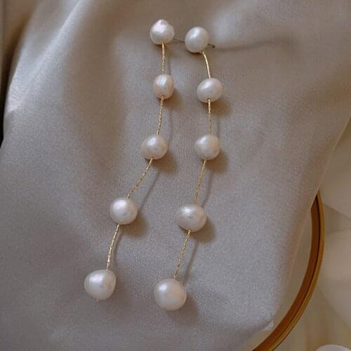 Vintage Natural Freshwater Pearl Earrings for Women Gold Color Long Tassel Chains Hanging Dangle Earrings Wedding Jewelry