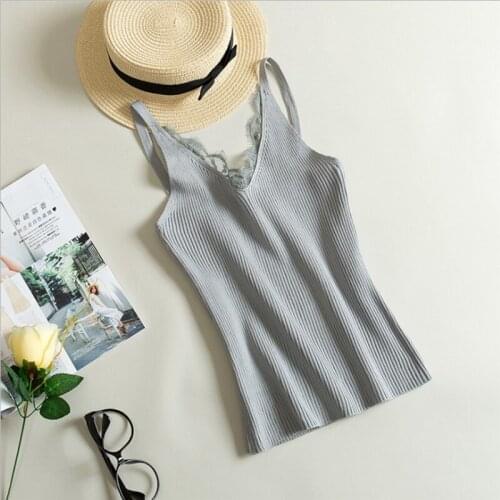Women Camisoles Sexy Knitted Tank Tops Plain Lace V-neck Slim Sling Solid Patchwork Soft Girl Female Vest