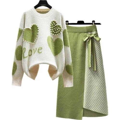 New Autumn Winter Knitted Suit Women Beading Long Sleeve Pullover Sweater + Patchwork Lace Up Bow Slim Midi Skirts Sets 2 Piece