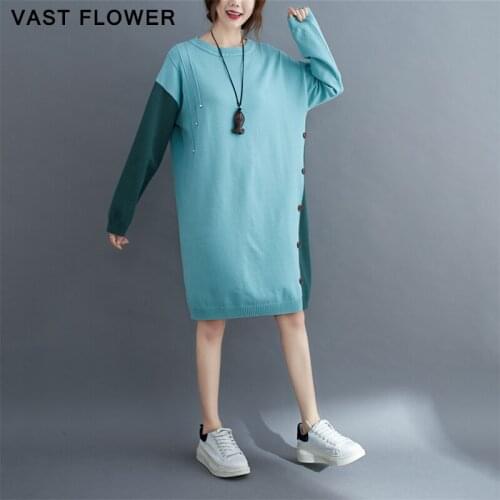 Plus Size Knitted Dress Women Long Sleeve Loose Button Vintage Vestidos Elegant Clothes Autumn Winter Sweater Dresses 2020