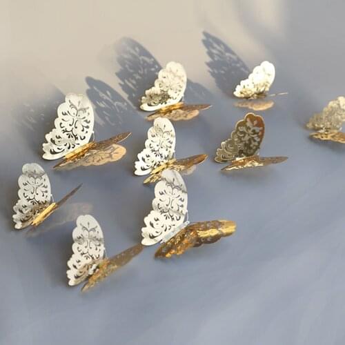 12pcs/lot 3D Metallic Feel Wall Stickers Kids Rooms Butterflies Hollow DIY Home Decor Poster Wall Decoration Party Wedding Decor