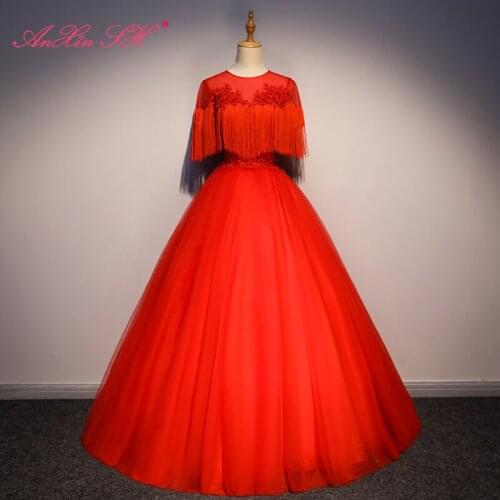 AXJFU red lace flower evening dress vintage stage princess o neck beading flower red Tassels red lace up evening dress