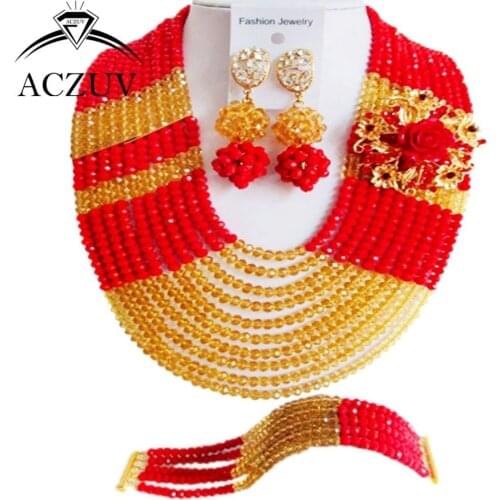 Brand ACZUV Crystal Bridal Jewelry Sets Hotsale Indian Nigerian Wedding African Beads Necklace Red Opaque Gold AN086