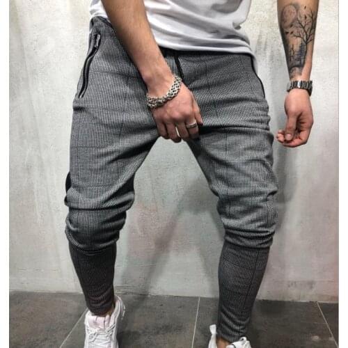 Spring Autumn Men’s Casual Pants Plaid Stitching Mid Waist Long Pants Zipper Beam Feet Male Long Pants Trousers with Pocket