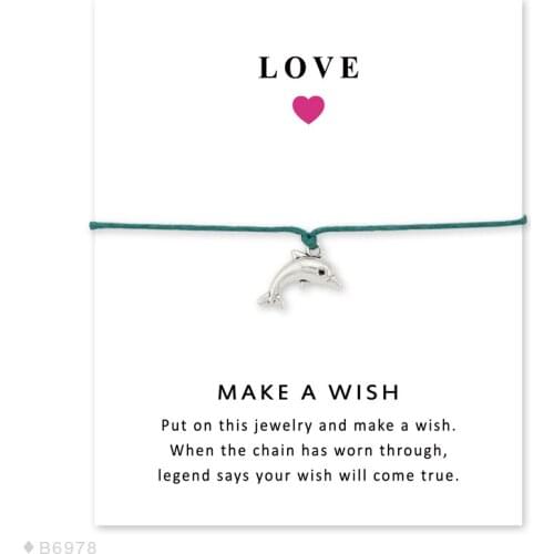 Girls Adjustable Love Statement Red Yellow Blue Jewelry with Card Make a Wish Sliver Dolphin Charm Bracelets for Women