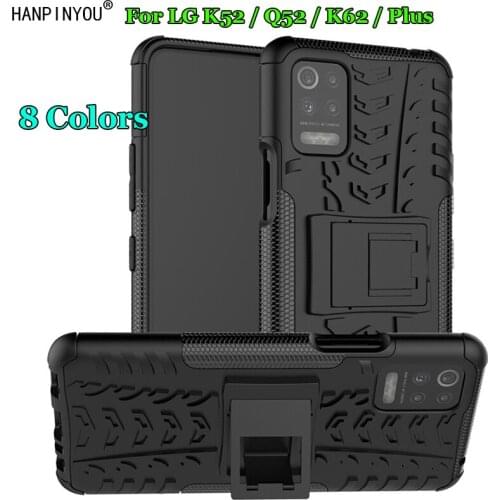 For LG K52 / Q52 / K62 Plus Dazzle Shockproof Soft Silicone & Hard Plastic Dual Armor Back Fitted Case Stand Holder Cover Shell
