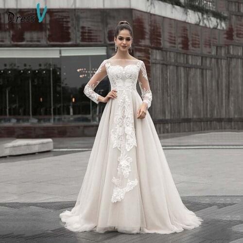 Dressv elegant ivory wedding dress scoop neck long sleeves appliques button lace a line outdoor&church wedding dresses