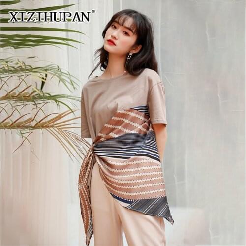 XIZIHUPAN Casual Patchwork Striped T Shirt For Women O Neck Short Sleeve Irregular Hit Color T Shirts Female 2021 Summer Fashion