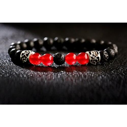 Classic Red Black Lava Stone Beads Bracelets Homme Mala Silver Color Flower Crown Alloy Bangles Bijoux Men Accessorie Jewelry