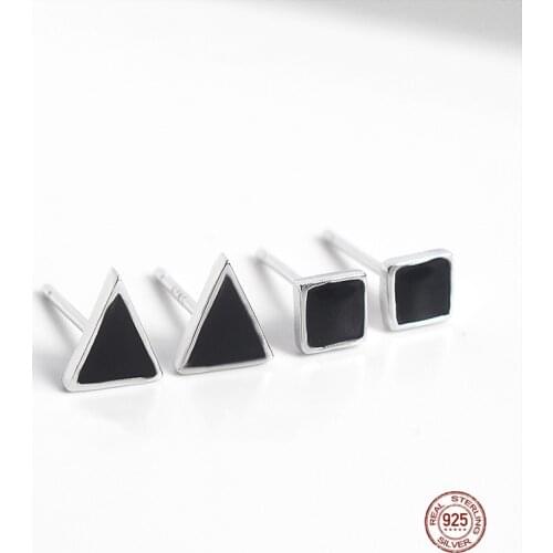 LKO 925 Sterling Silver Simple Geometric Cute Sweet Black Triangle Square Stud Earrings For Women OL Daily Jewelry Ornaments