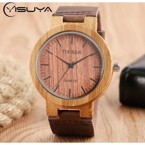 YISUYA Fashion Casual Outdoor Sport Bamboo Wooden Men Quartz WristWatch Genuine Leather Strap Clock Best Gift For Men Women