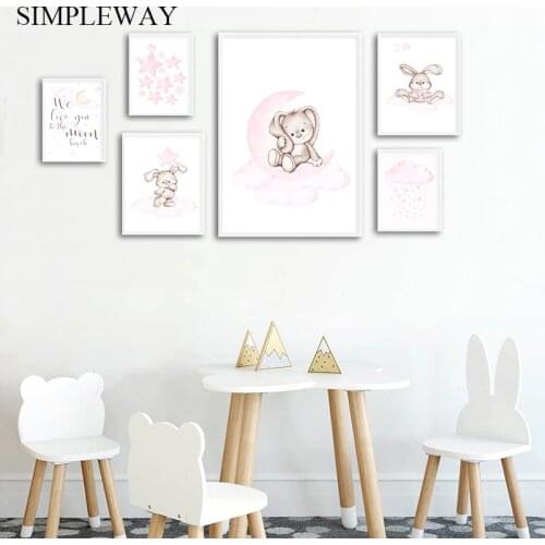 Baby Nursery Wall Art Canvas Poster Minimalist Bunny Moon Print Pink Cartoon Painting Nordic Kid Girl Room Decoration Picture