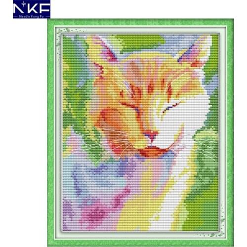 NKF Watercolor Cat In The Sun Cross Stitch Set Handmade Craft Needlework Cross-Stitch Embroidery Kit Cross Stitch for Home Decor