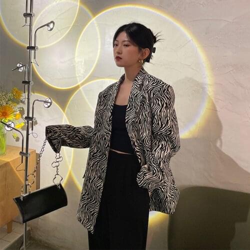 2021 Spring Autumn Women New Vintage Zebra Print Casual Blazers Loose Mid-length Korean Ladies Suit Outerwear Streetwear Fashion