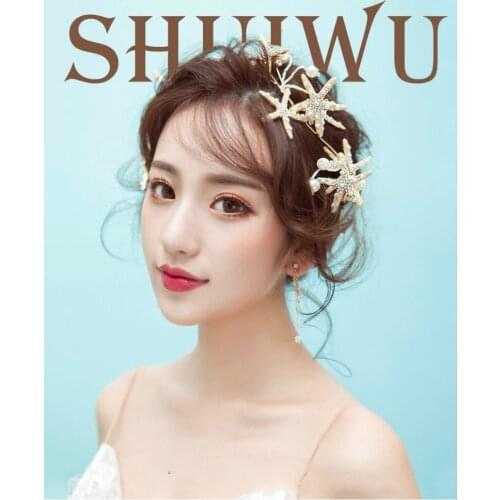 2018 new golden starfish bridal hair accessories sweet hair hoop imitation pearl rhinestone wedding accessories Earrings Set