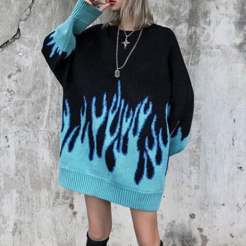Autumn Winter Harajuku Flame Knitting Batwing Sleeve Sweater Casual Long Womens Tide Printed Sweater Loose Boyfriend Pullovers